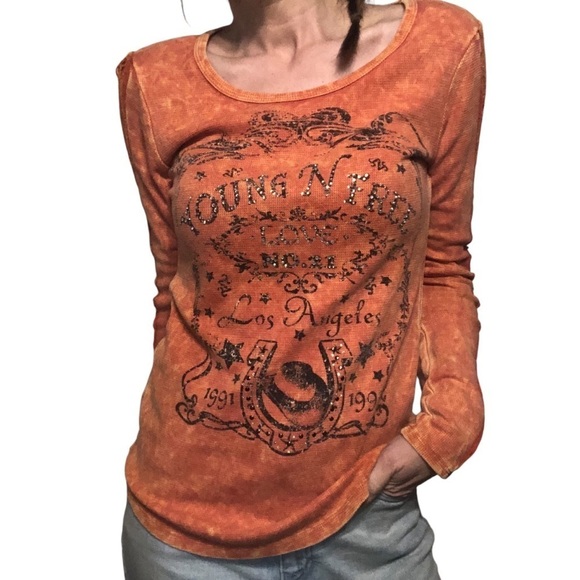 American Vintage Tops - Y2K 90's Vtg Buckle USA Sz M Thermal Top Bling Western Boho Rock Grunge Rodeo